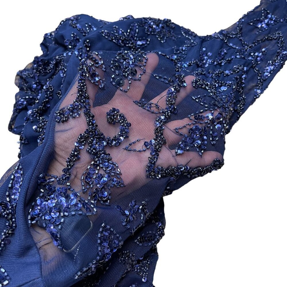 Adrianna Papell Navy Beaded Sequin Midi Dress Long Sleeve Size 4 - Picture 8 of 16